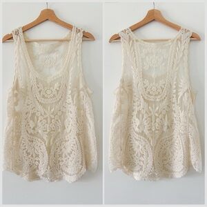 Vintage Embroidered Crochet Camisole Tank Top - Cream